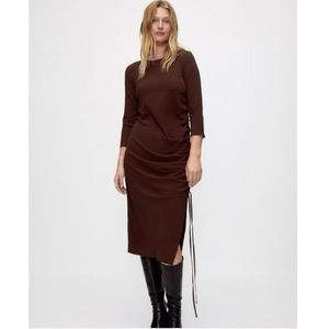 ZARA Side Ruched Quarter Sleeve Stretchy Knit Corporate Office Midi Dress Brown